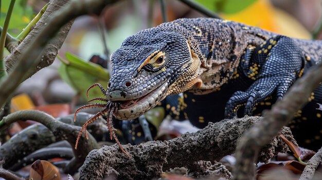 An adult mangrove monitor varanus indicus eating a centipede in wayag bay