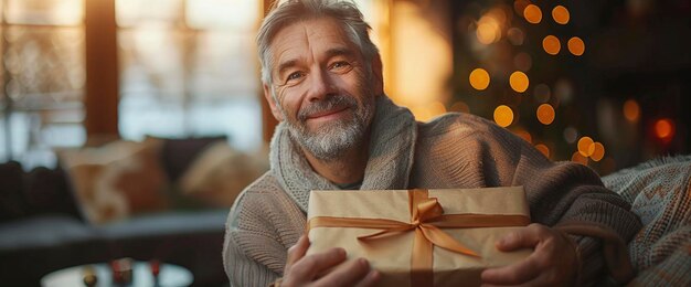 Adult son giving gift to senior father