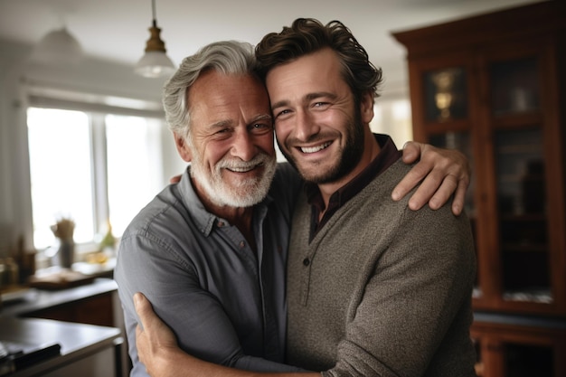 Adult son hugging senior father at home