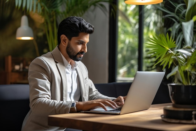 Adult student of Latin Indian descent typing while working remotely Generative Ai