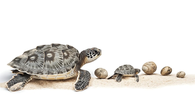 Photo adult turtle with hatchling on sand next to a trail of eggs white background