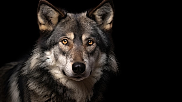 Adult wolf on black background Generative AI