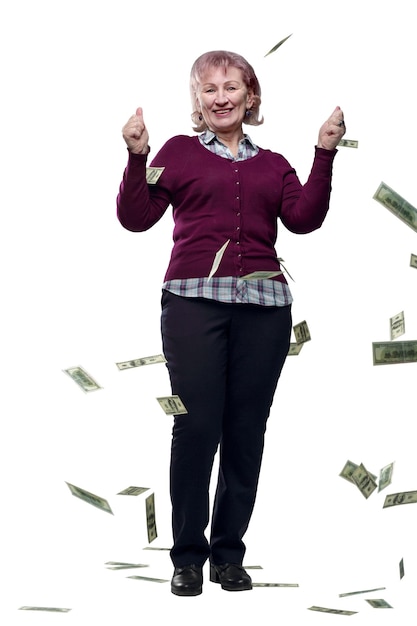 Adult woman looking at banknotes in her hands isolated on a white