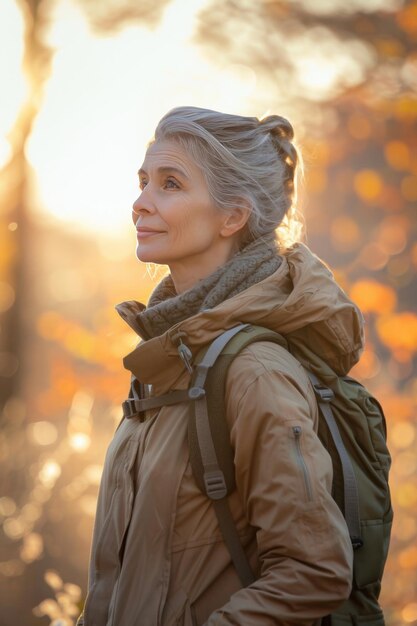 Photo adult woman trekker with backpack and hat smiles while hiking through field during beautiful sunset