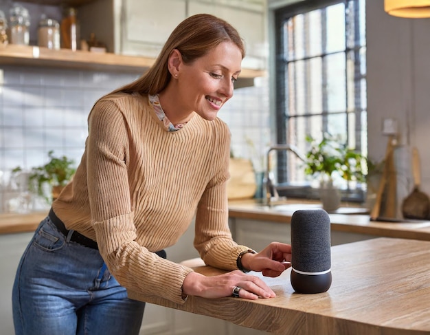 Photo adult woman using smart speaker on kitchen counter