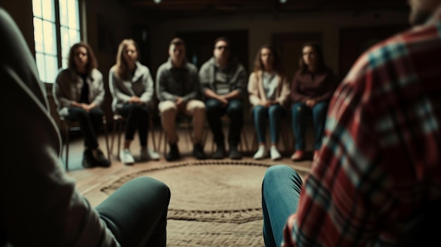 Adults sitting in a circle during a group therapy session focusing on the facilitator with engaged expressions