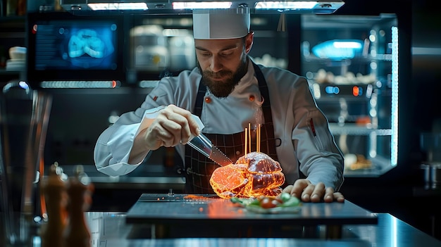 Advanced 3D Printer Crafting Gourmet Meal Under Chef s Supervision with Holographic Ingredients