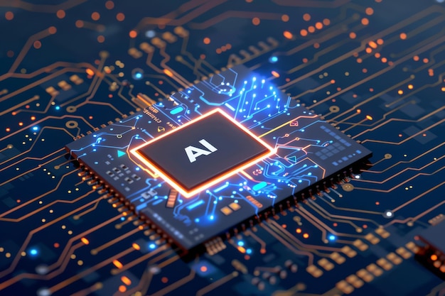 Advanced AI Computer Chip on a Circuit Board With Glowing Elements at Night