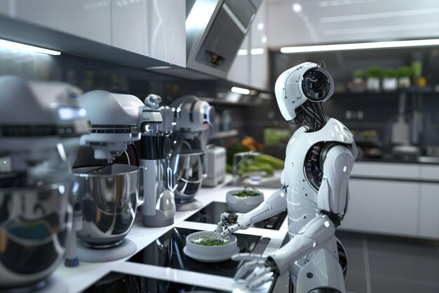 Photo advanced ai robot chef in a futuristic smart kitchen with cuttingedge home automation technology