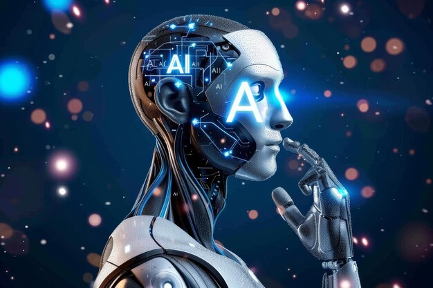 Advanced AI Robot with Digital Brain and Technological Elements in High Tech Setting