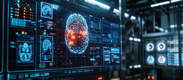 Advanced Artificial Intelligence Brain Interface in a HighTech Laboratory with Digital Displays and Data Analysis