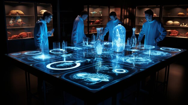 Advanced Biotech Lab Scientists in Futuristic Coats DNA Research with Bioluminescence