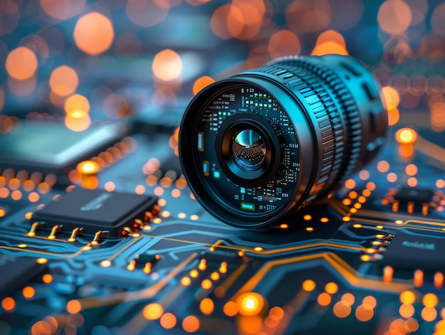 Advanced Camera Lens on Circuit Board Highlighting Modern Technology and High Tech Electronics