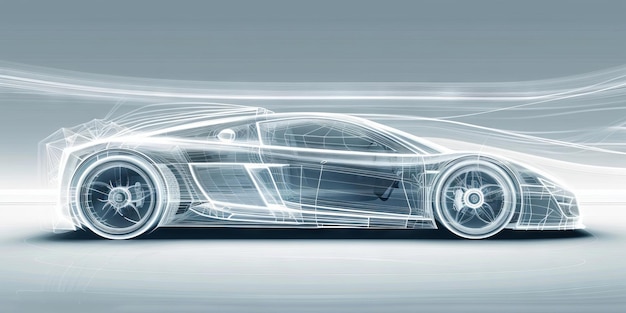 Photo advanced car blueprint concept with visible aerodynamics flow on a silver gradient background