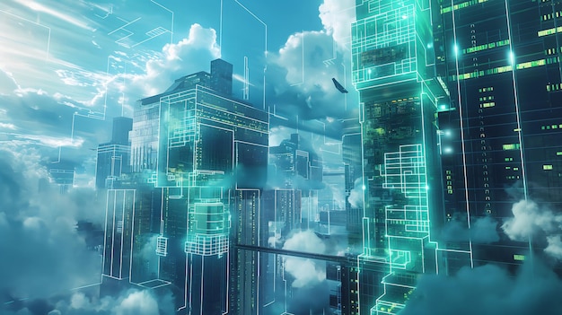 Advanced Cloud Data Center with AI Automation and Glowing Lights in Sleek Modern Cityscape