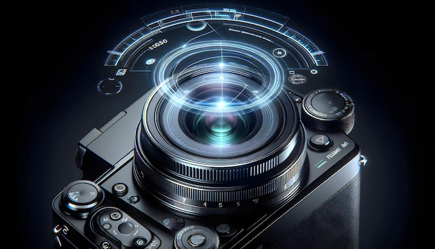 Photo advanced digital camera with holographic settings display futuristic technology with copy space c