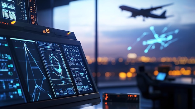 Photo advanced flight control tower operations at dusk with a jet taking off in the background illuminated by city lights