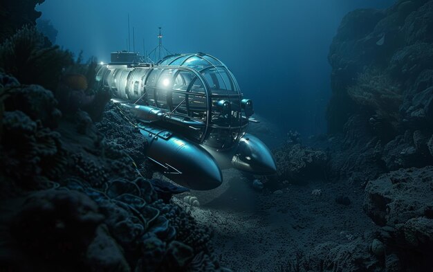 An advanced futuristic submarine ventures into the deep blue ocean illuminating the underwater world