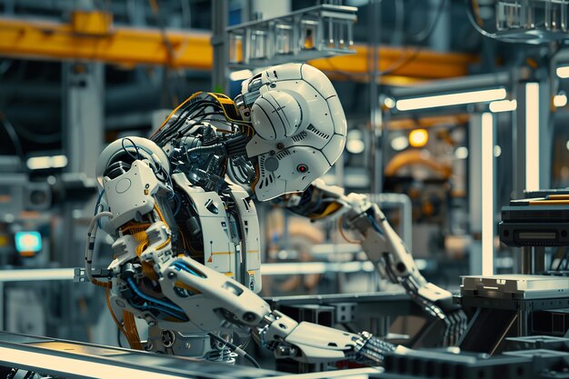 Photo advanced humanoid robot in industrial setting intricately designed engaged in highprecision tasks cuttingedge technology robotics ai in manufacturing future workplace concept generative ai