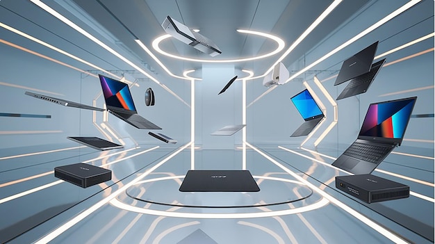 Photo advanced laptop gadgets in a futuristic tech showroom