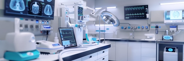 Advanced medical equipment in a hospital room Highend medical devices and monitors are showcased in an organized and clean hospital environment emphasizing modern medical care