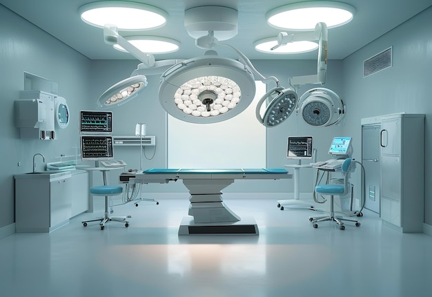 Advanced medical equipment in a modern sterile operating room illuminated by bright surgical lights