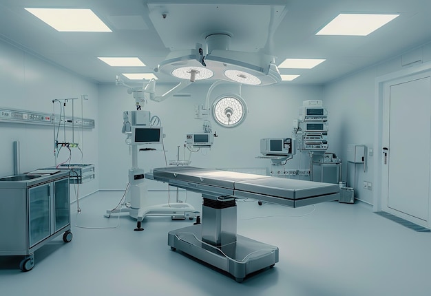 Advanced medical equipment in a modern sterile operating room illuminated by bright surgical lights