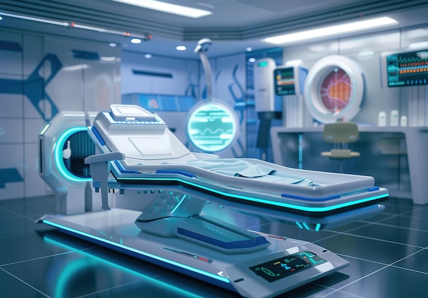 Advanced medical examination room with latest diagnostic equipment and futuristic design