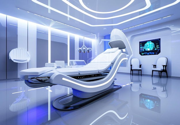 Advanced medical examination room with latest diagnostic equipment and futuristic design