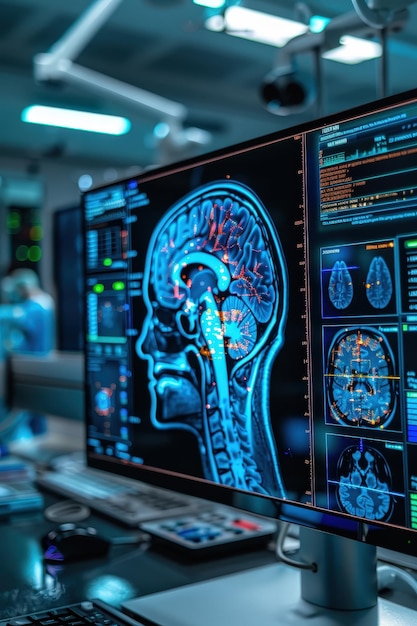 Advanced medical imaging of the human brain displayed on a computer screen in a hightech hospital laboratory setting