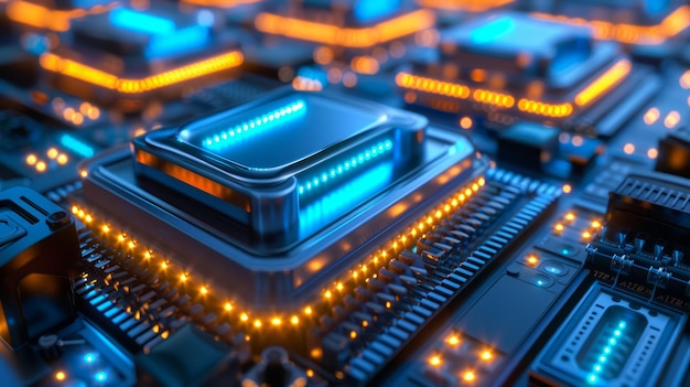 Advanced Microprocessor on Circuit Board with Illuminated Data Paths and Electronic Components