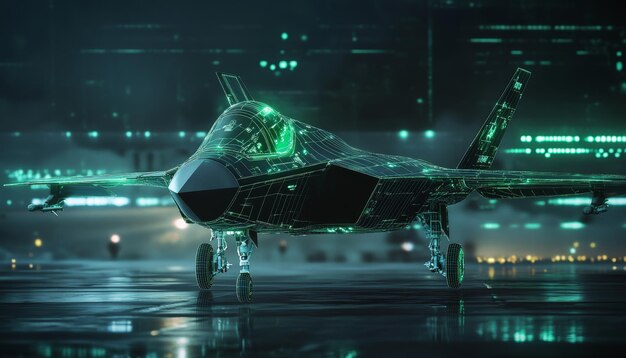 Photo advanced military aircraft featuring a futuristic digital radar interface in 3d render