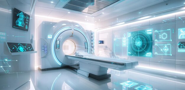 advanced mri or ct scan medical diagnosis machine at hospital lab as wide banner with copy space area