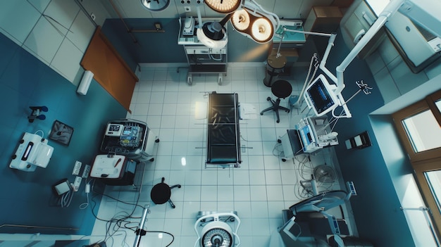 Photo an advanced operating room seen from above featuring cuttingedge medical devices and meticulous organization ready for a highlevel surgical procedure