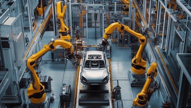 Photo advanced robotic arms expertly assemble vehicles in a stateoftheart automotive factory