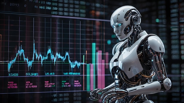 Advanced Robotic Figure Analyzing Data Trends in a HighTech Digital Environment