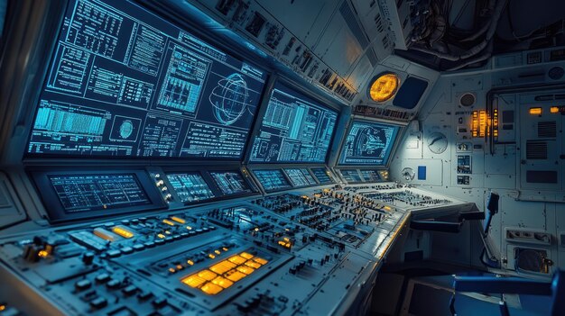 Photo advanced space mission command center with control panels and monitors