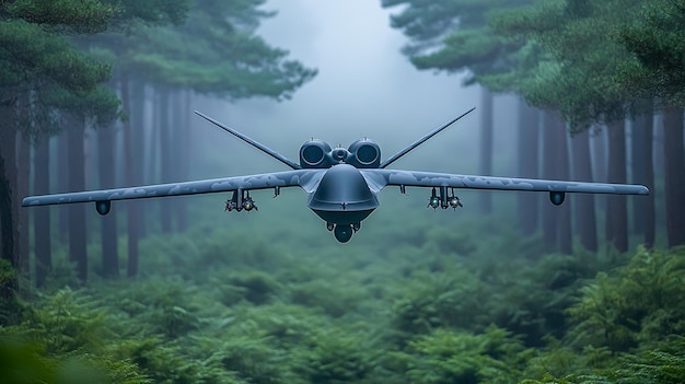 Photo advanced stealth military drone maneuvering through forest with adaptive camouflage