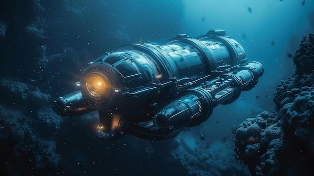 An advanced submarine vehicle journeys through the mysterious deep blue ocean surrounded