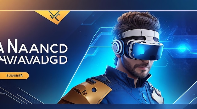 Advanced technology banner template with man wearing vr background