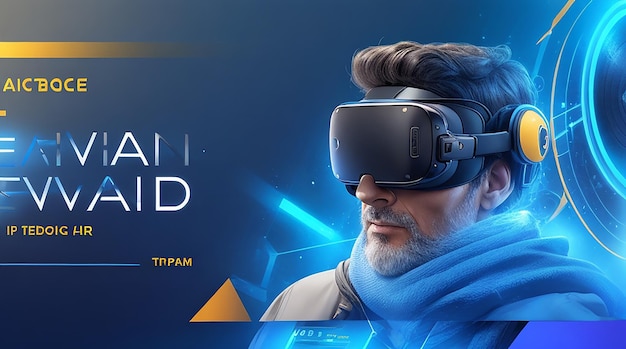 Advanced technology banner template with man wearing vr background