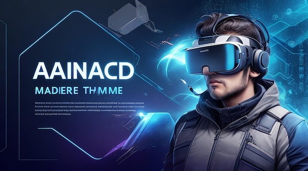 Advanced technology banner template with man wearing vr background