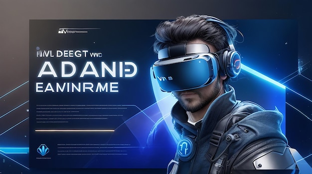 Advanced technology banner template with man wearing vr background