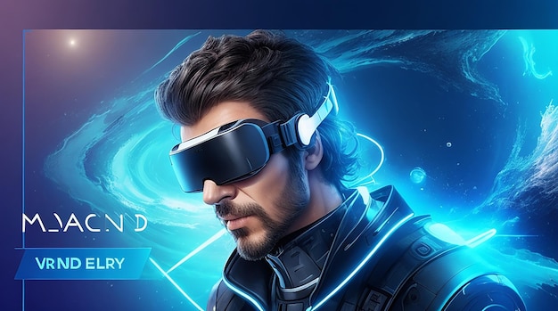 Advanced technology banner template with man wearing vr background