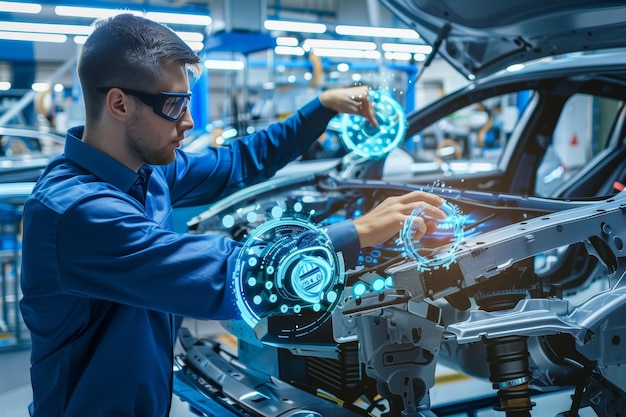 Advanced technology in car manufacturing automotive engineer at futuristic assembly line