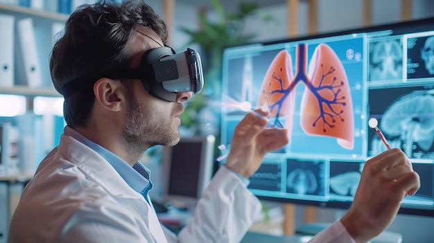 Photo advanced technology in healthcare pulmonologist uses ar for lung function analysis