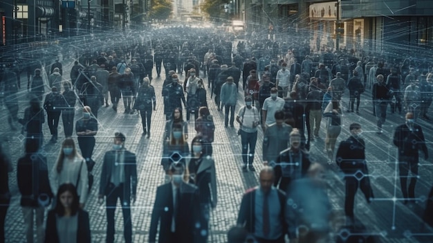 Advanced technology is being used to track a group of business people as they walk across a busy urban city street Generative AI and CCTV