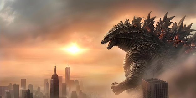 Advanced Technology Used to Create Photorealistic Painting of Godzilla on City Buildings Concept Technology Photorealistic Painting Godzilla City Buildings Advanced Techniques