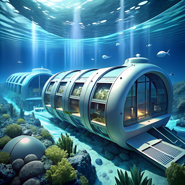 Photo advanced underwater research facility with large observation windows