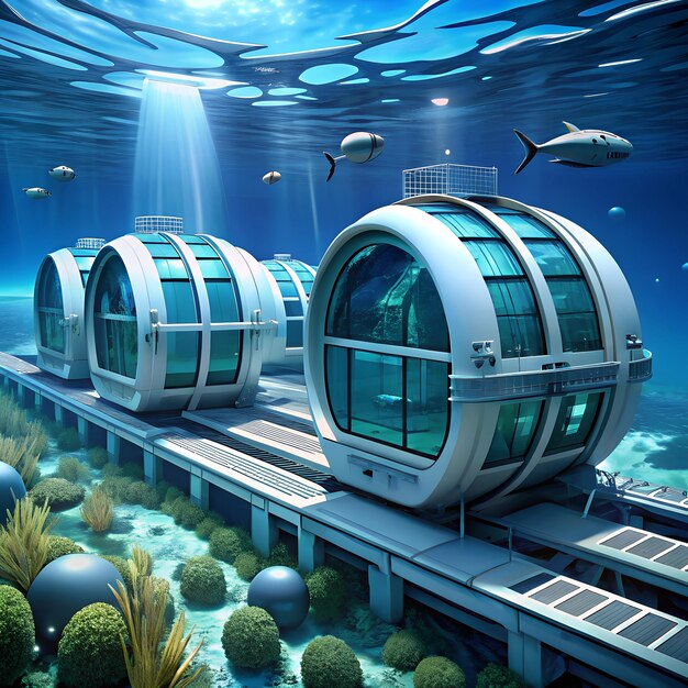 Photo advanced underwater research facility with large observation windows